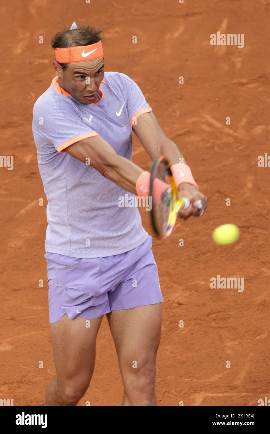 Rafael Nadal of Spain during his second round match against Alex de Minaur of Australia on day 3 of the Barcelona Open Banc Sabadell, ATP 500 tennis tournament at Real Club de Tenis Barcelona on April 17, 2024 in Barcelona, Spain Stock Photo