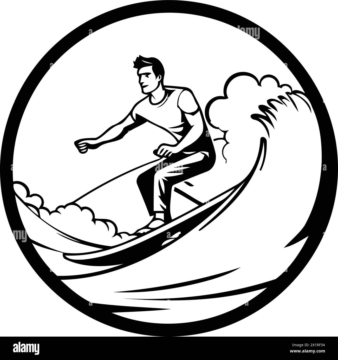 Vector illustration of a surfer riding a wave set inside circle on isolated background. Stock Vector