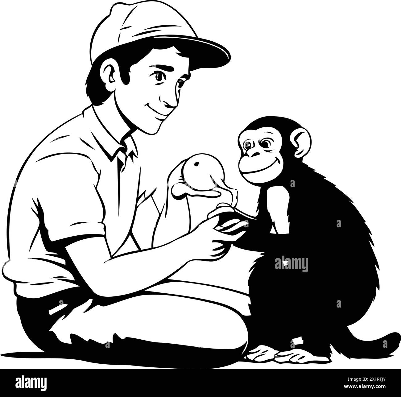 A man feeds a monkey. Vector illustration on a yellow background Stock