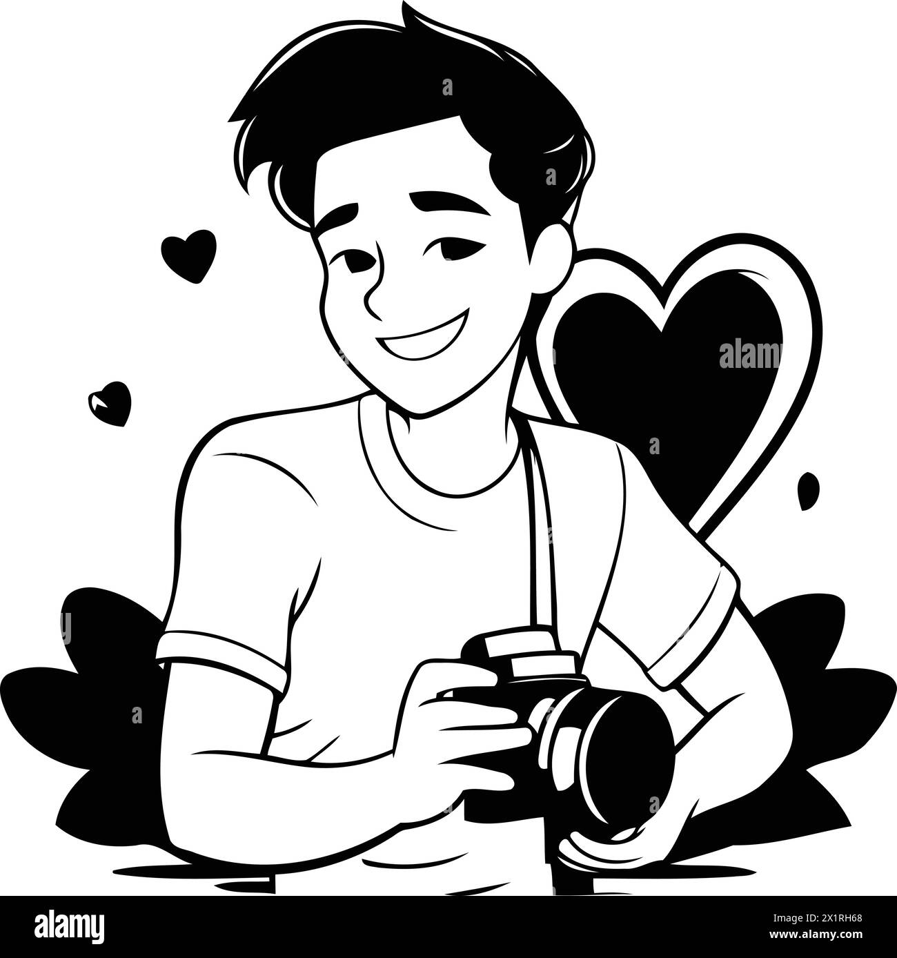 Vector illustration of a man holding a camera and taking photos of hearts Stock Vector