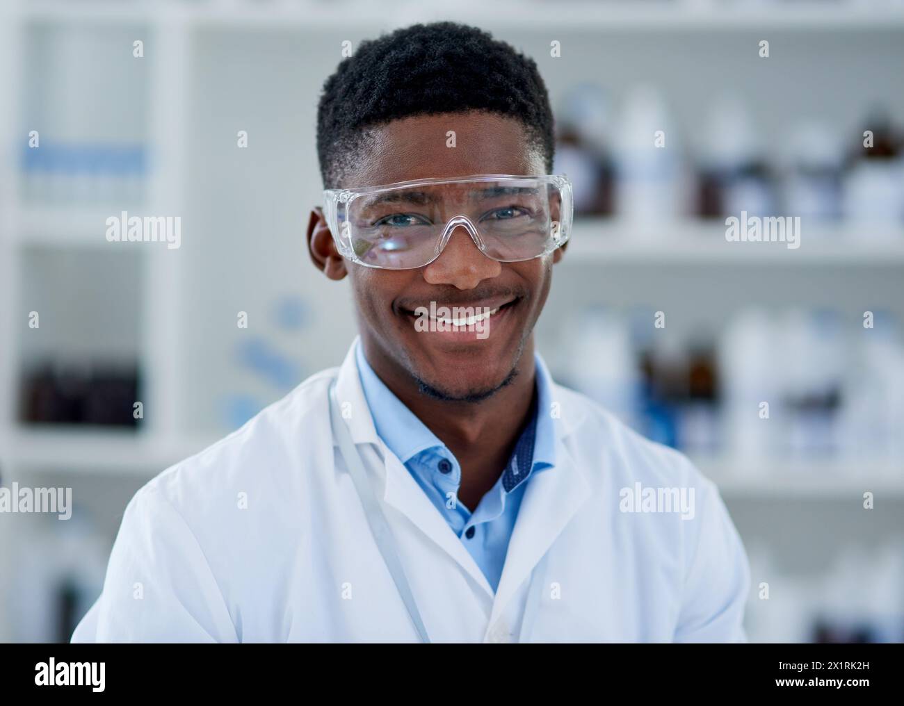 Science, portrait and black man with confidence, smile and glasses in ...