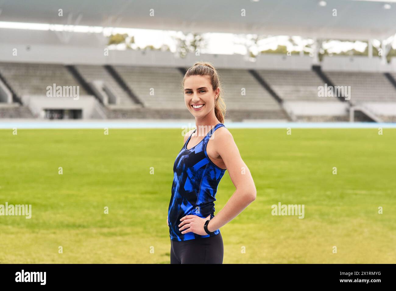 Girl, athlete and happy portrait in stadium for long distance running ...
