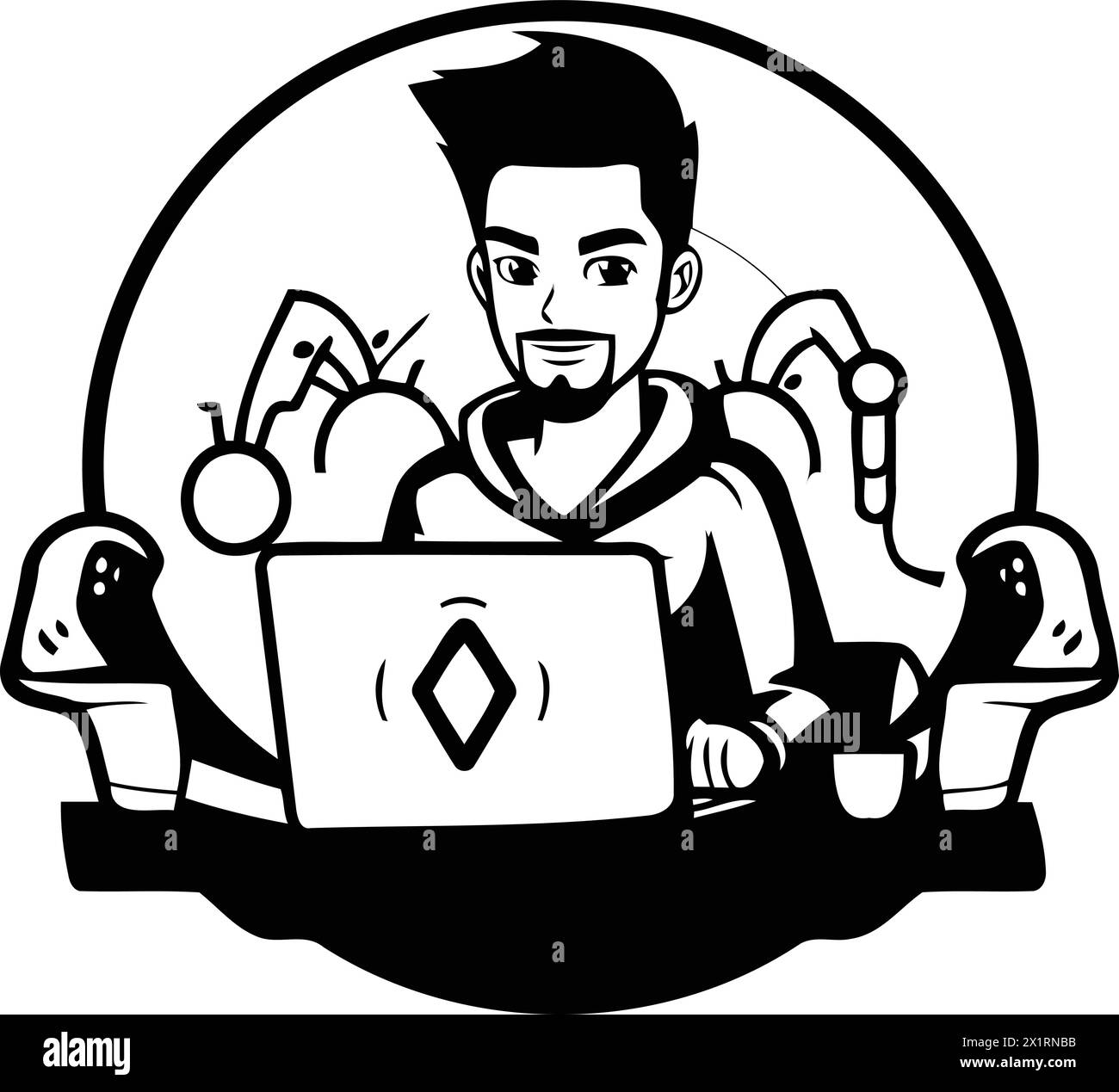 Vector illustration of a man working on a laptop while sitting at home