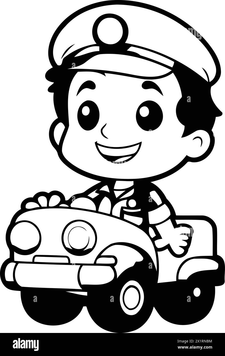 Cute cartoon police officer with a toy car. Vector illustration. Stock Vector