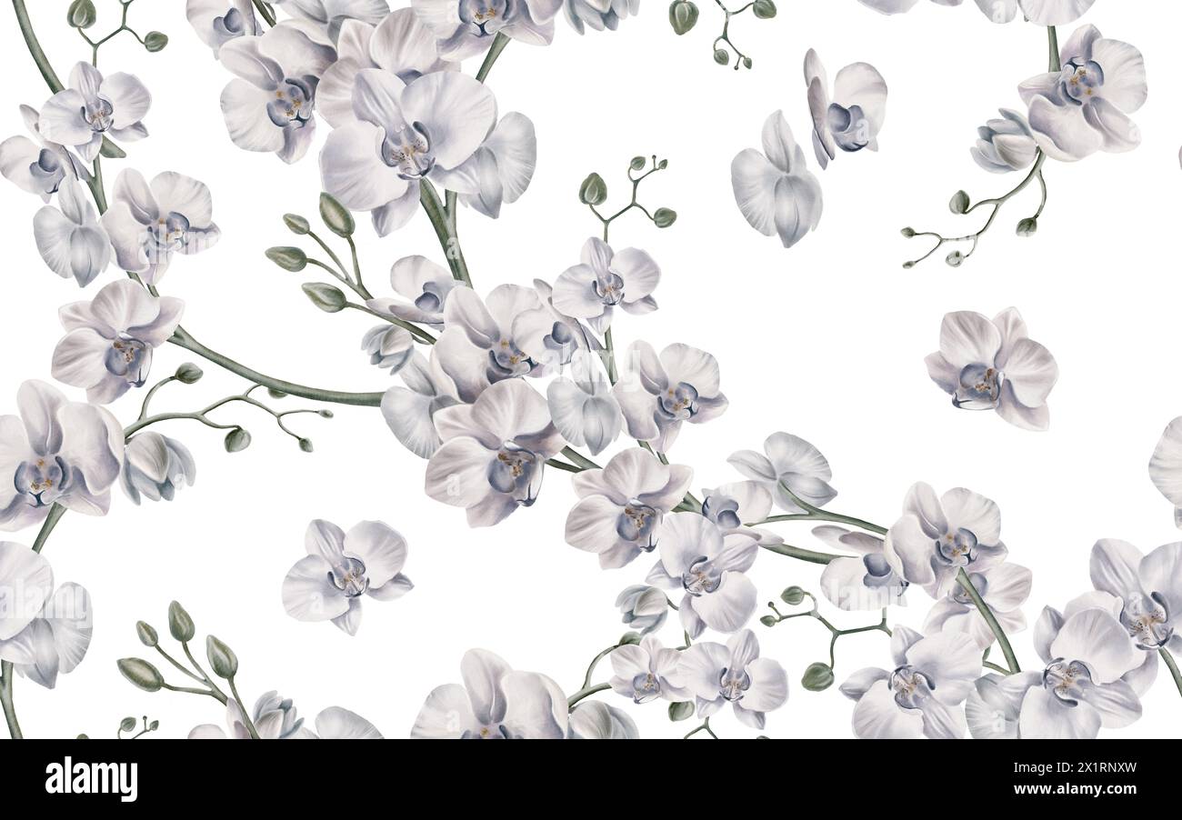 White orchid flowers in a seamless pattern with orchid branches and ...