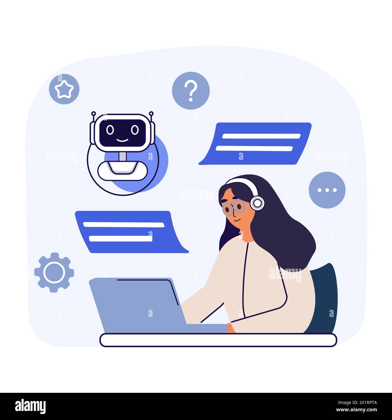 Vector Chat bot virtual AI assistant.Support. Woman talking with robot ...