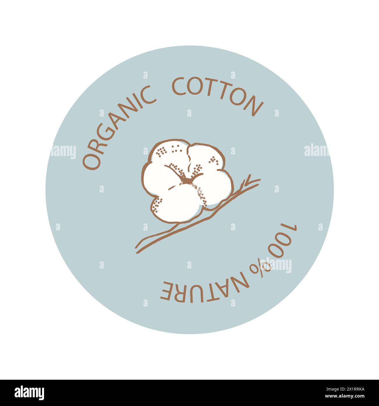 Background of circle shape. Label with cotton balls on a blue vintage background and the inscription: organic cotton. The composition of the logo. Ill Stock Photo