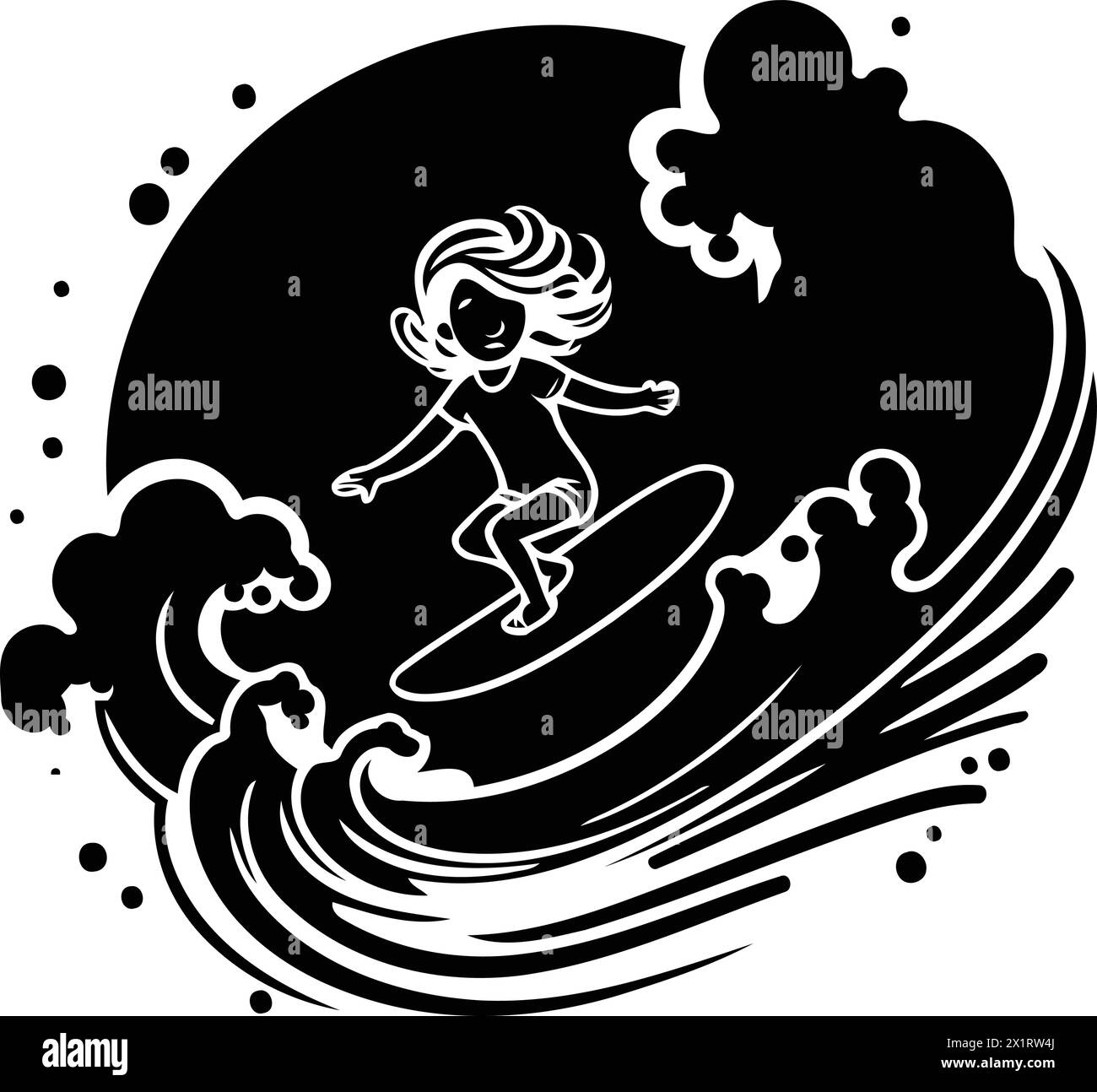 Surfer girl riding a wave. Vector illustration. Isolated on dark background. Stock Vector