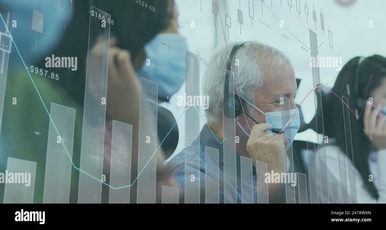 A diverse team is analyzing financial data on screen Stock Photo