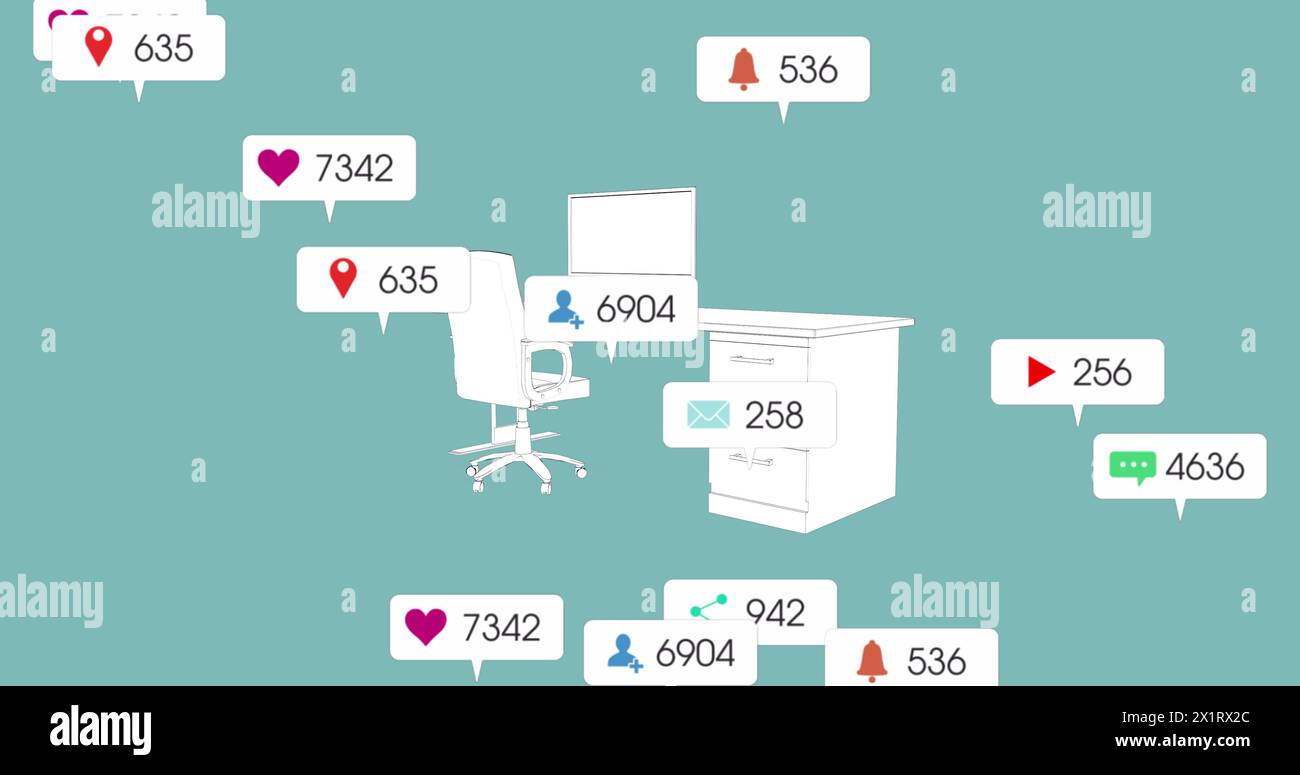 An empty office chair and desk are surrounded by social media icons and numbers Stock Photo