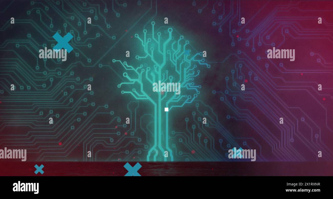 A digital tree with circuit branches glowing in blue and red Stock ...