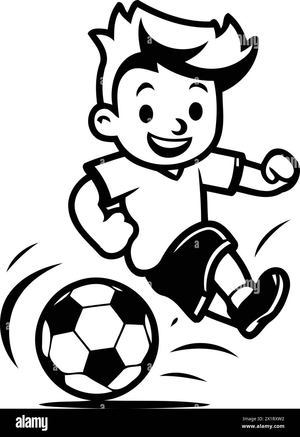 Boy playing soccer cartoon isolated on white background. Design element for logo. label. emblem. sign. Vector illustration Stock Vector
