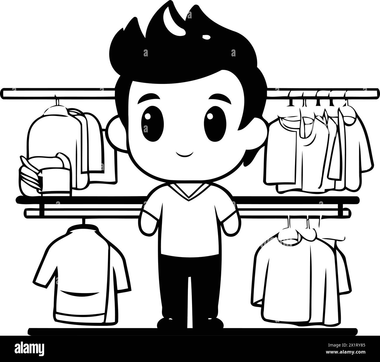 cute little boy in clothes store. cartoon style vector illustration. Stock Vector