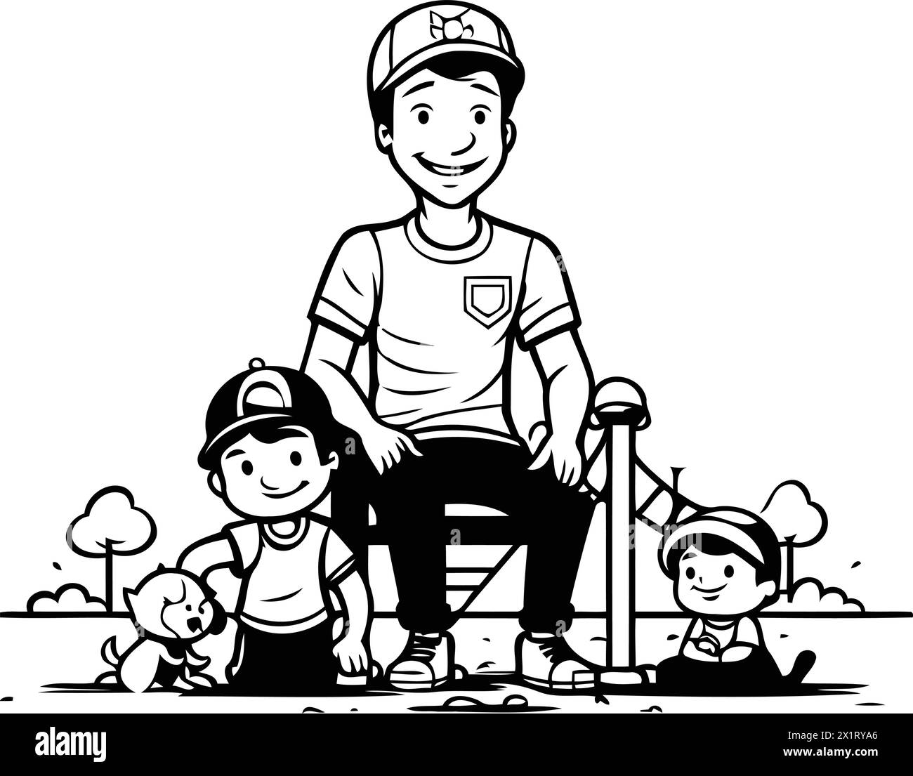 Happy father and his kids playing in the park. Vector illustration ...
