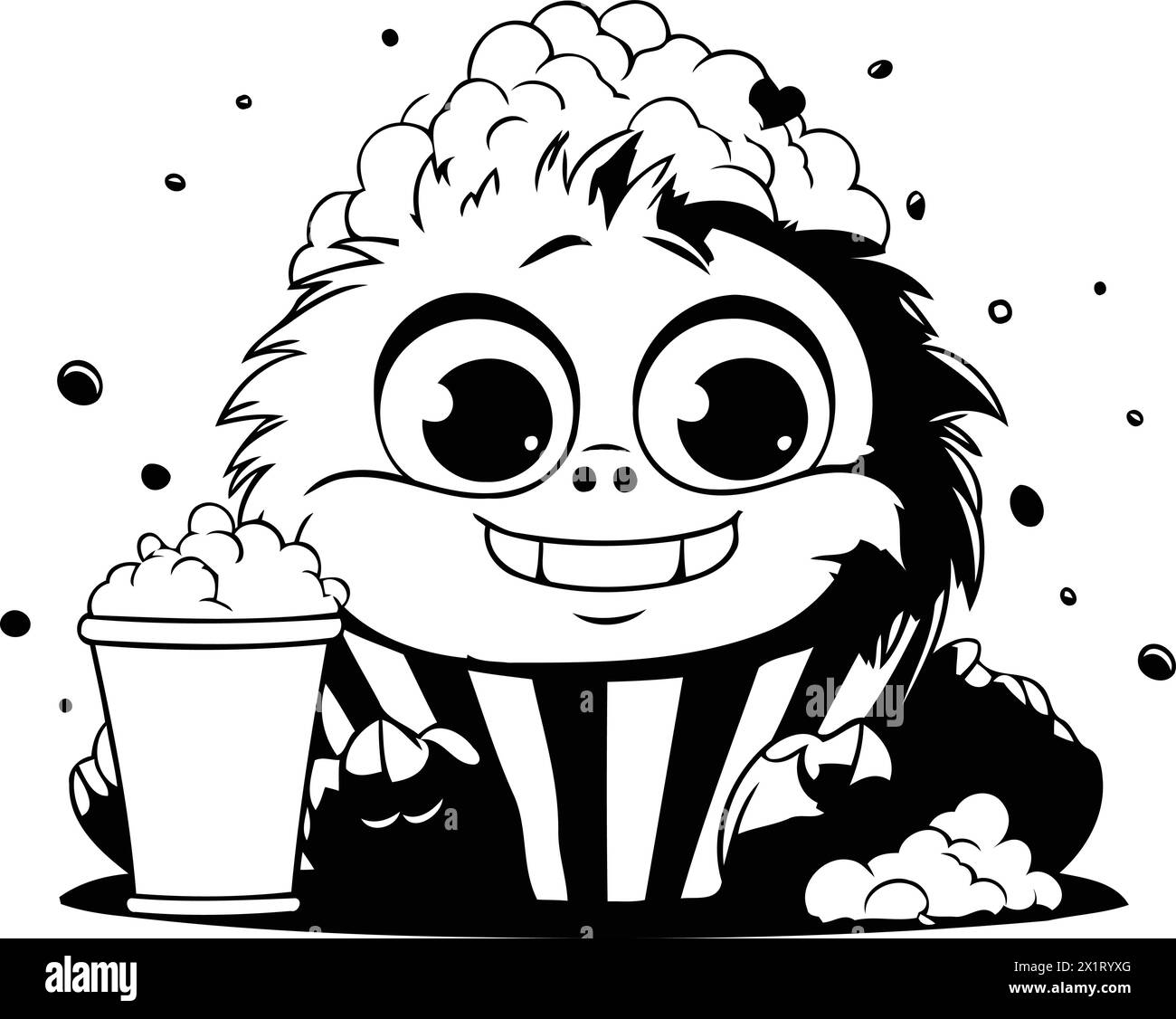 Cute cartoon monster with popcorn and milkshake. Vector illustration