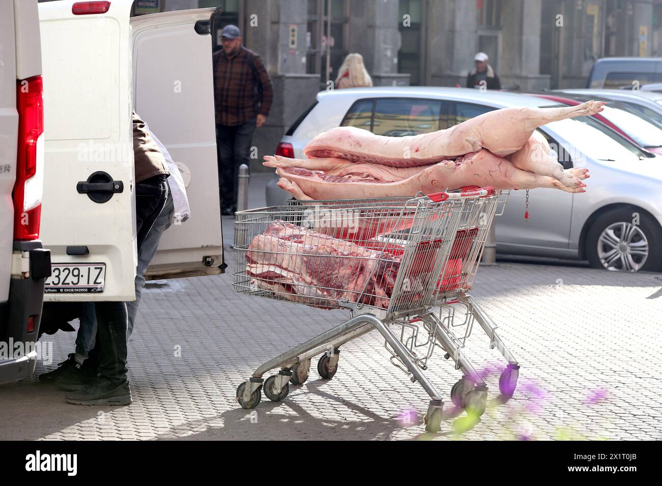 Zagreb, Croatia. 18th Apr, 2024. Pork halves in Zagreb, Croatia on April 18, 2024, while pork prices in March increased by 4.1 percent compared to the same month last year. The prices of food and soft drinks increased by 4.5 percent. Photo: Patrik Macek/PIXSELL Credit: Pixsell/Alamy Live News Stock Photo