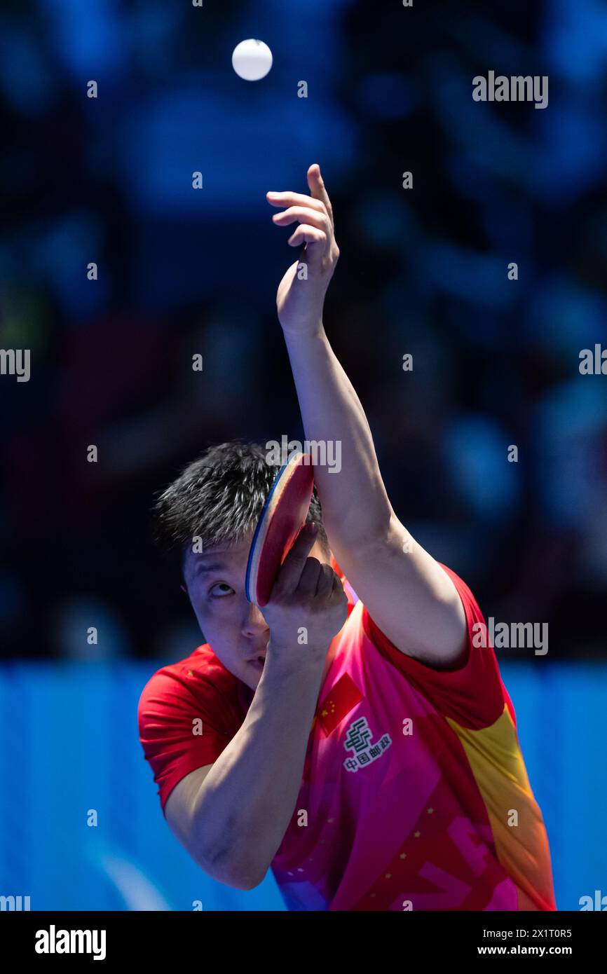 Macao, China. 18th Apr, 2024. Ma Long of China serves during the men's