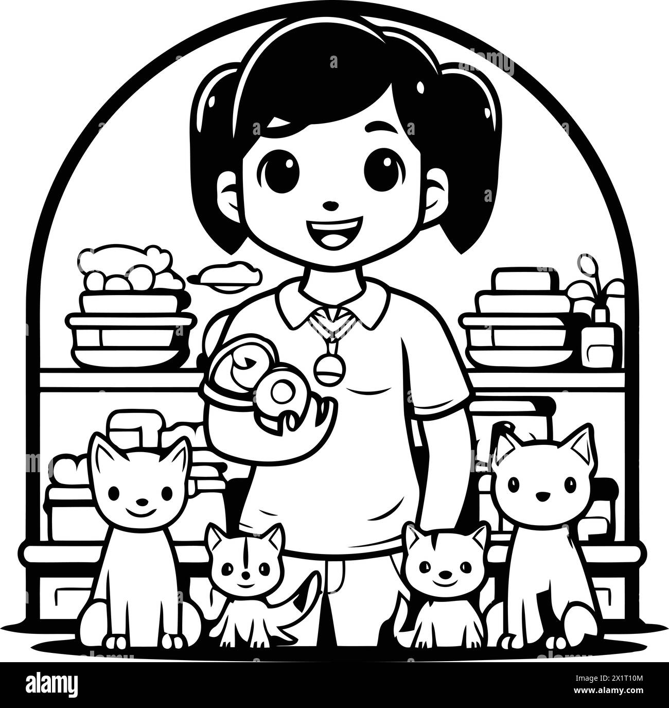 Cute little girl and cats in the pet store. Vector illustration Stock Vector