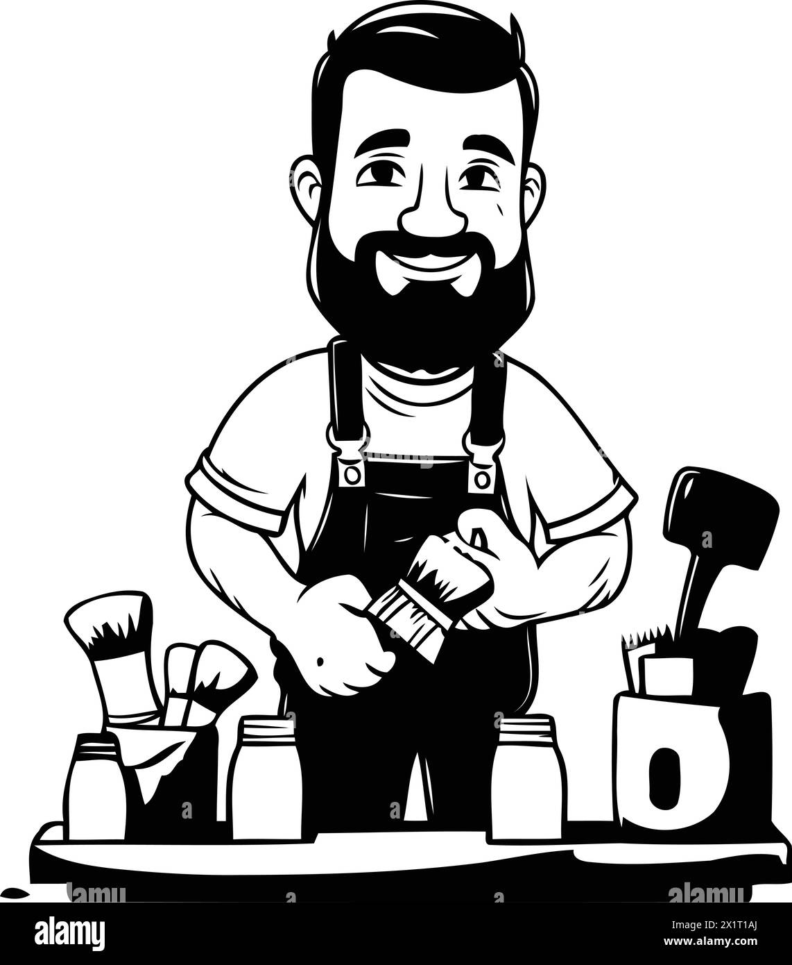 Hipster man with beard and mustache holding brush and paints. Vector