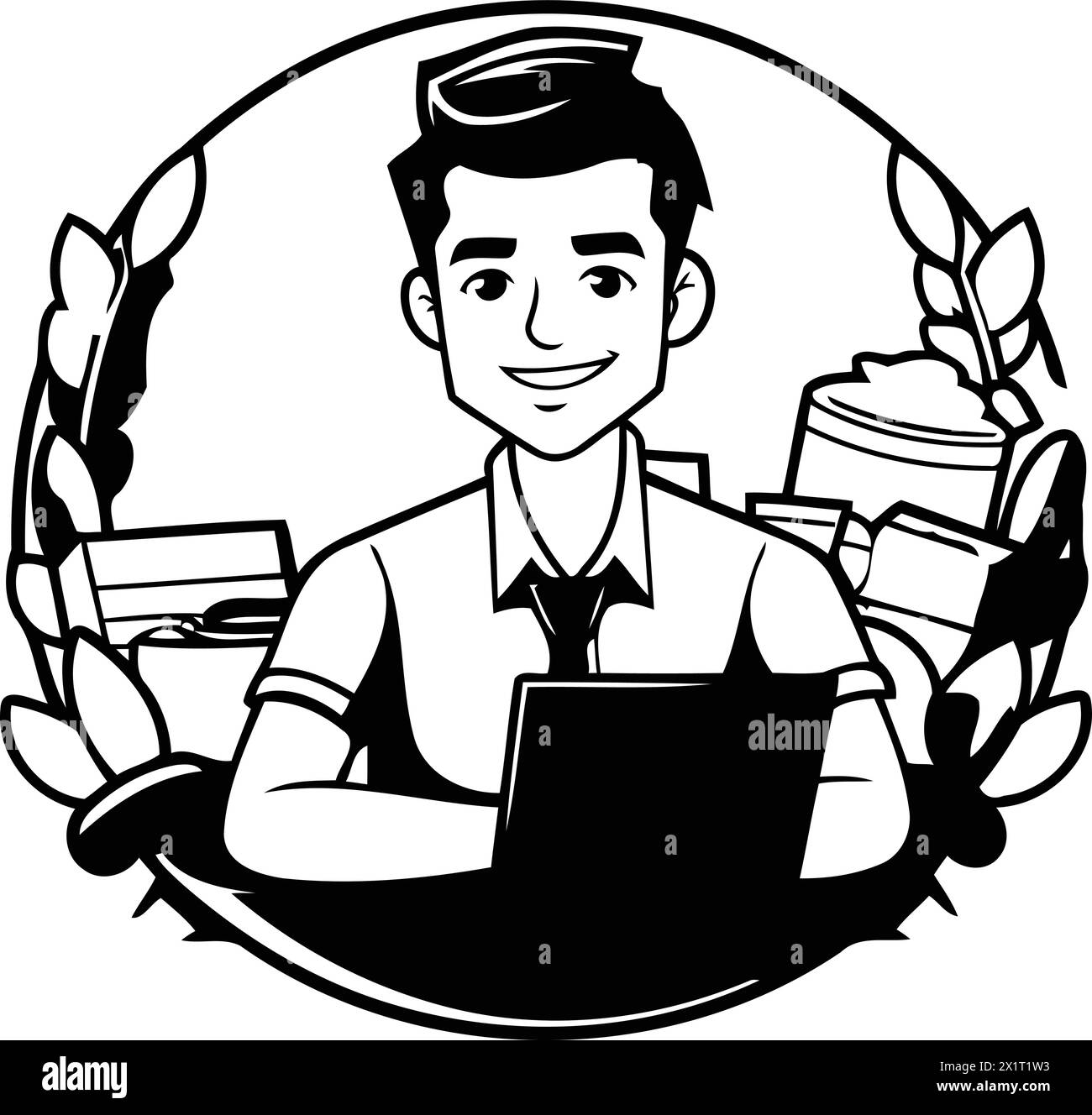 Man working on laptop with recycling sign in the center. Vector