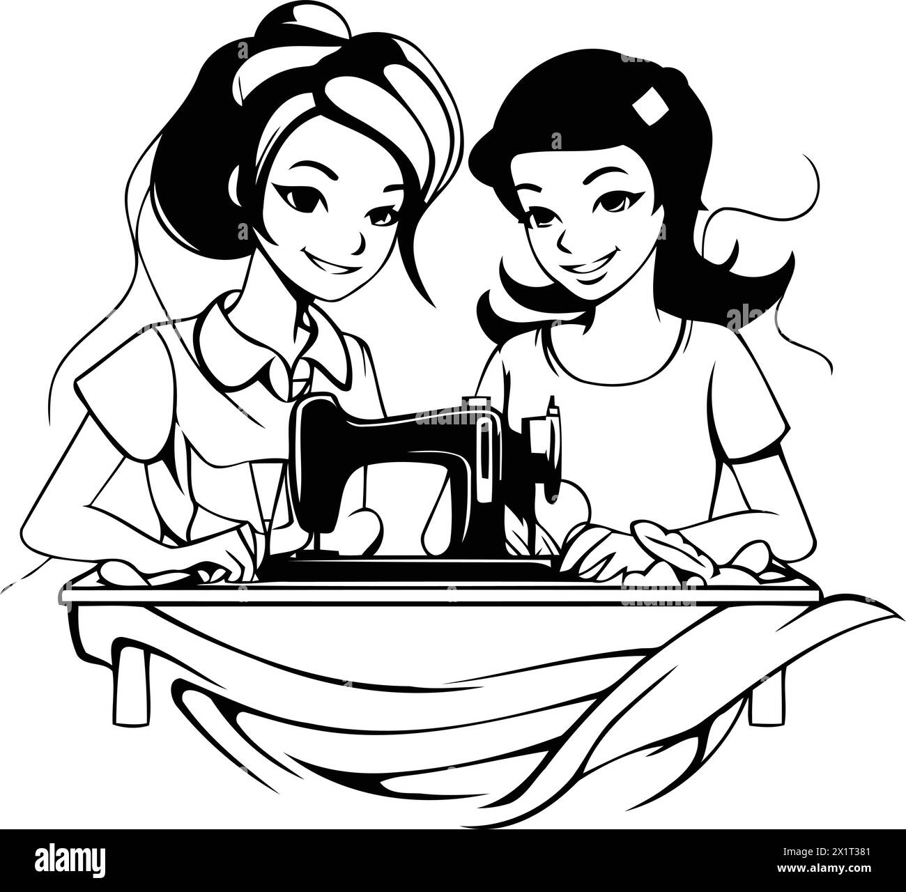 Tailor and seamstress working with sewing machine. Vector illustration