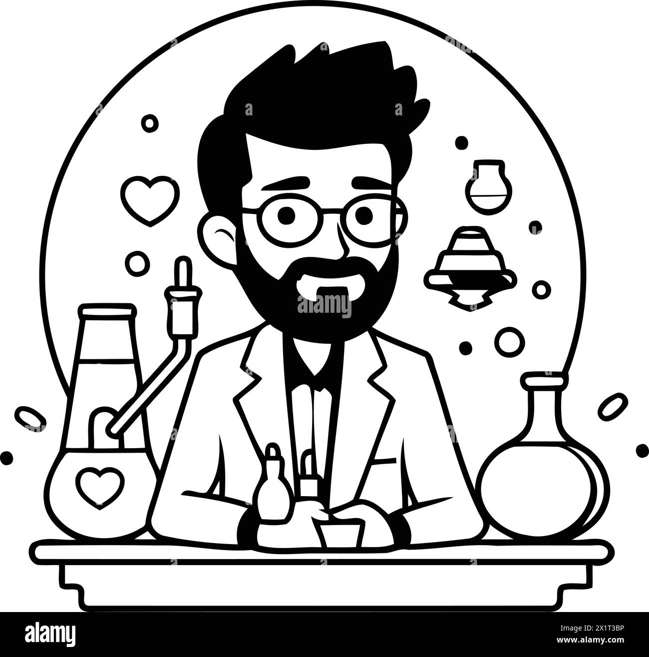 Scientist man with flask and love potion. Vector flat cartoon ...