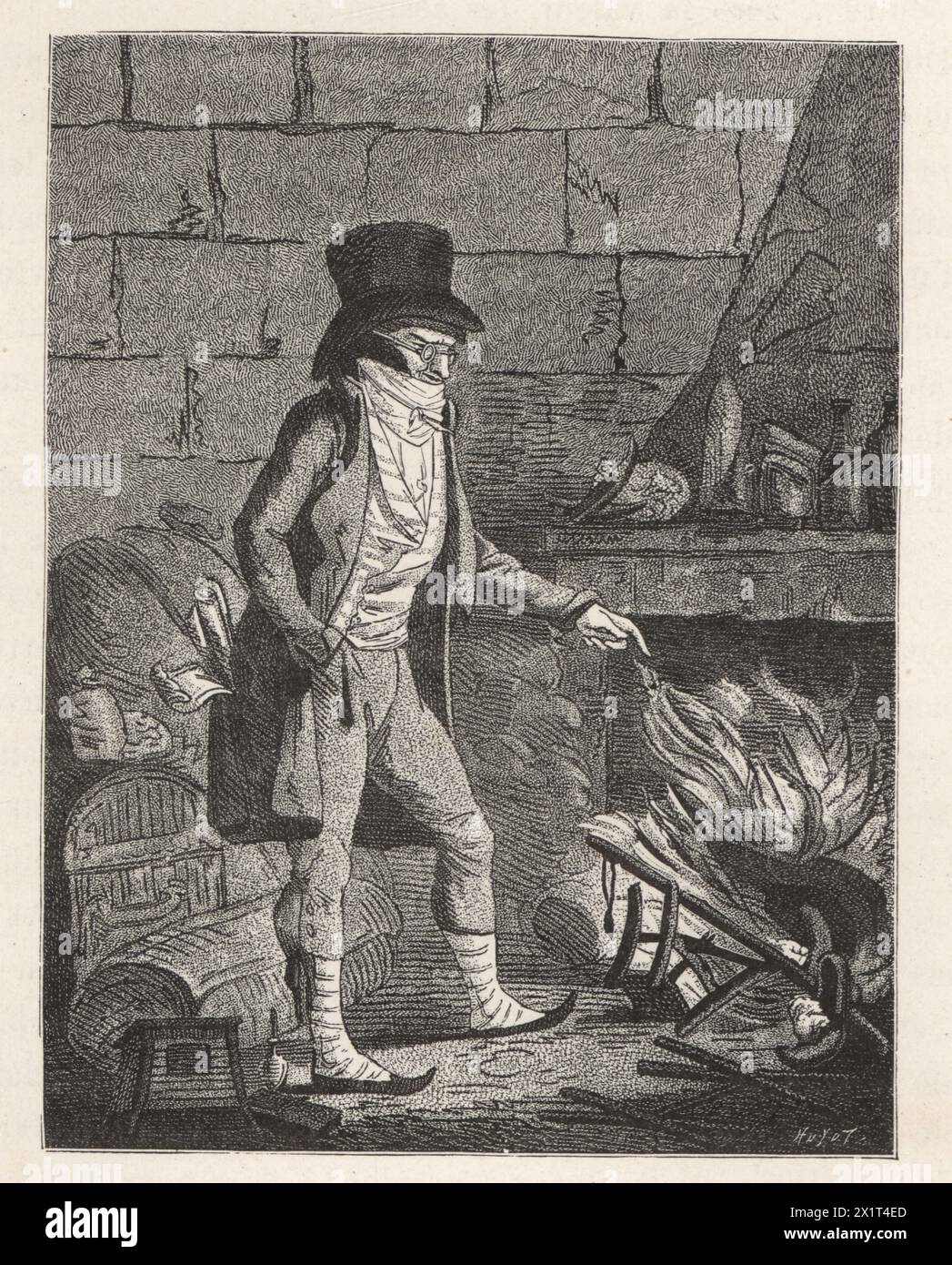 Speculator of rue Vivienne burning furniture in a fireplace, Paris, Napoleonic era. Anonymous caricature against stock dealers. Le parvenu de la rue Vivienne, caricature anonyme contre les agioteurs. Woodcut by Huyot from Paul Lacroix's Directoire, Consulat et Empire, (Directory, Consulate and Empire), Paris, 1884. Stock Photo