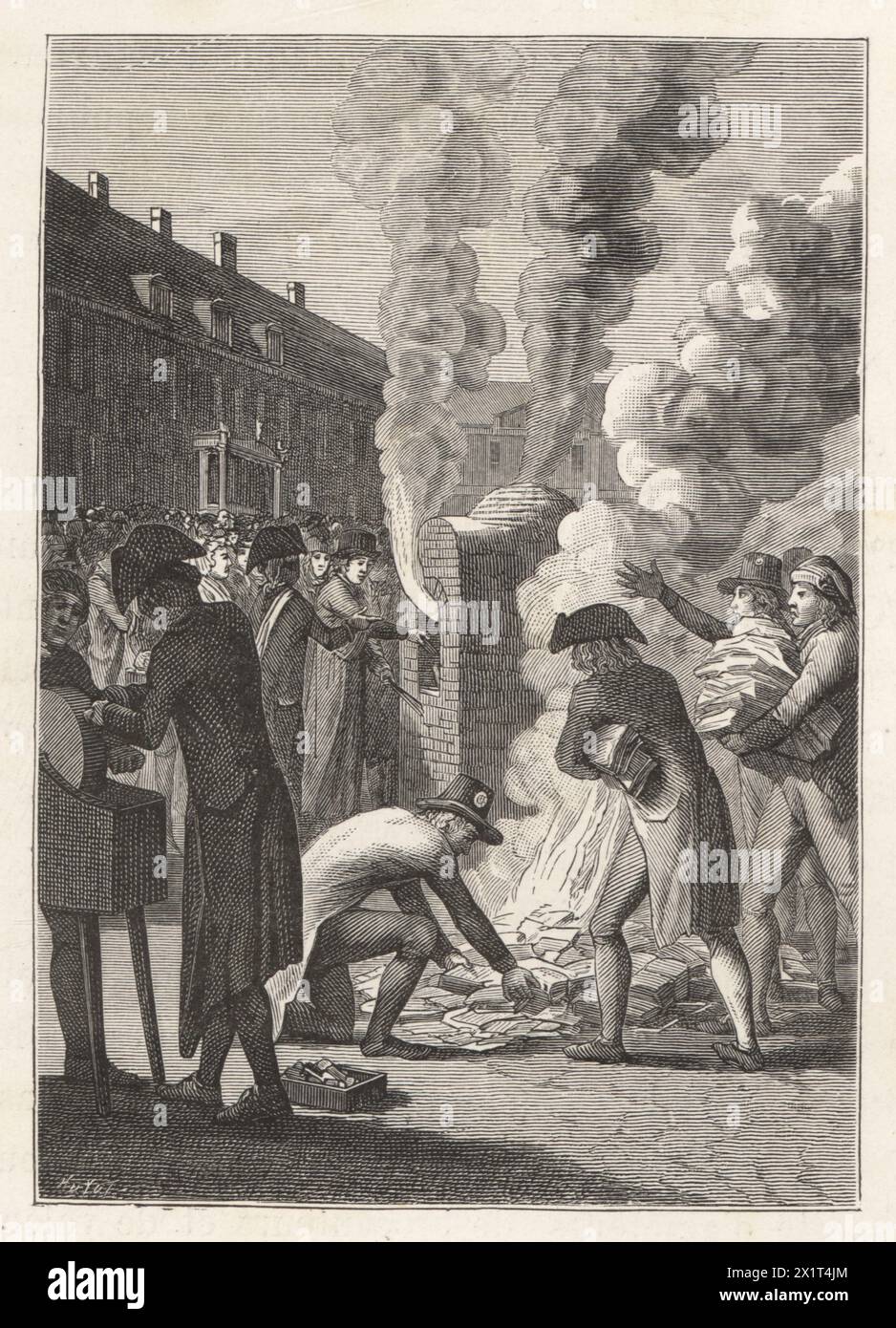 French officials burning assignats (promissory notes) after the failure of the currency, 19 February 1796, French Directory era. On brule les assignats a Paris, 19 fevrier 1796. Woodcut by Huyot after a German engraving from Paul Lacroix's Directoire, Consulat et Empire, (Directory, Consulate and Empire), Paris, 1884. Stock Photo