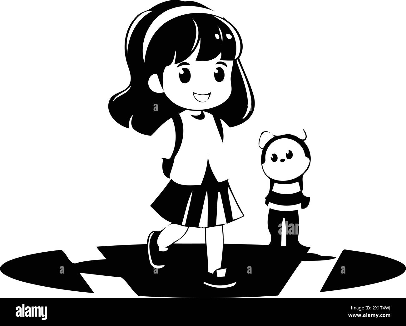 Cute little girl walking with her dog in the city vector Illustration