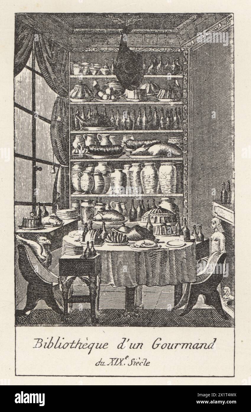 A dining table, cabinet and larder filled with hams, roast fowl, wine, fruit, etc. Frontispiece to Grimod de la Reynière's Almanach des Gourmands, 1803. The first guide to gastronomy and restaurants in the Napoleonic era. Illustration from Paul Lacroix's Directoire, Consulat et Empire, (Directory, Consulate and Empire), Paris, 1884. Stock Photo