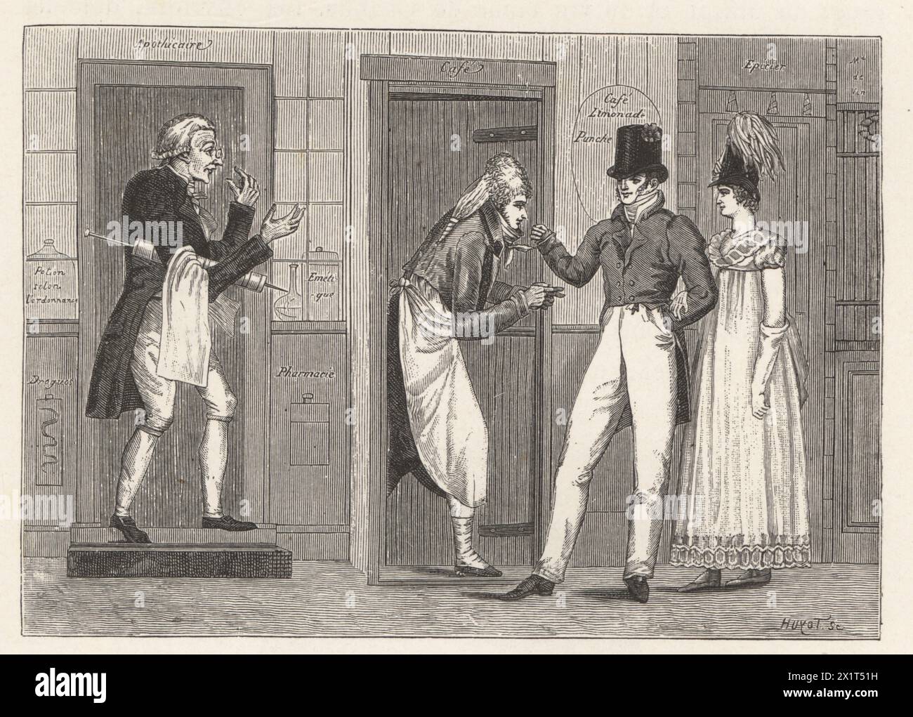 A fashionable couple talk to a waiter at the door to a cafe for Sunday lunch. An apothecary next door holds a large enema syringe. Le dejeuner du dimanche. Woodcut by Huyot from Paul Lacroix's Directoire, Consulat et Empire, (Directory, Consulate and Empire), Paris, 1884. Stock Photo