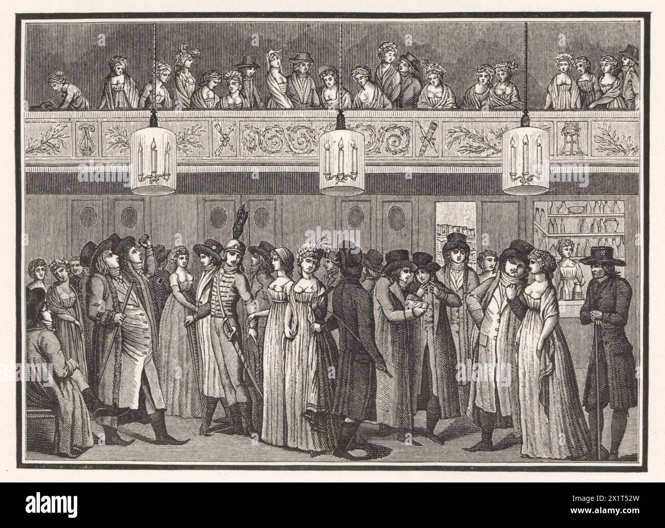 Playgoers in the lobby of Theatre Montansier in the Palais Royale, 1790-1806. Run by French actress and theatre director Mademoiselle Montansier. Engraving by Bovinet after an illustration by Louis Binet from Paul Lacroix's Directoire, Consulat et Empire, (Directory, Consulate and Empire), Paris, 1884. Stock Photo