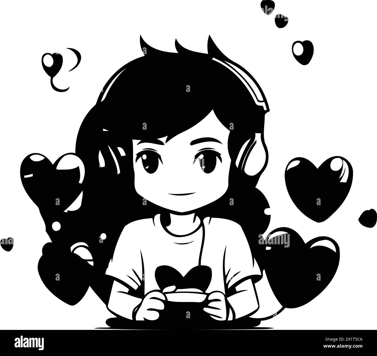 Cute boy playing video games with headphones and hearts around him