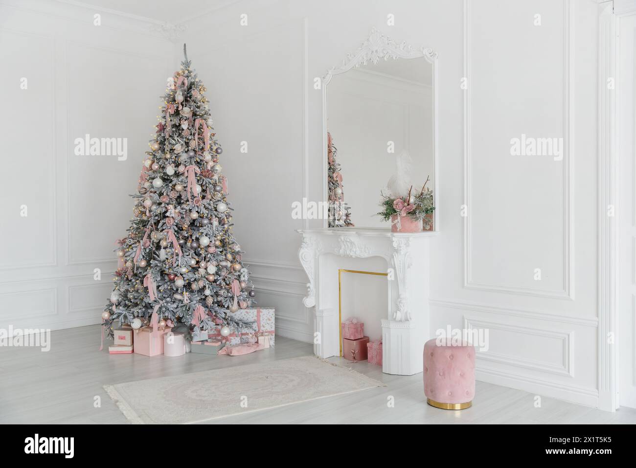 New year tree. Classic christmas New Year decorated interior room.  Stock Photo