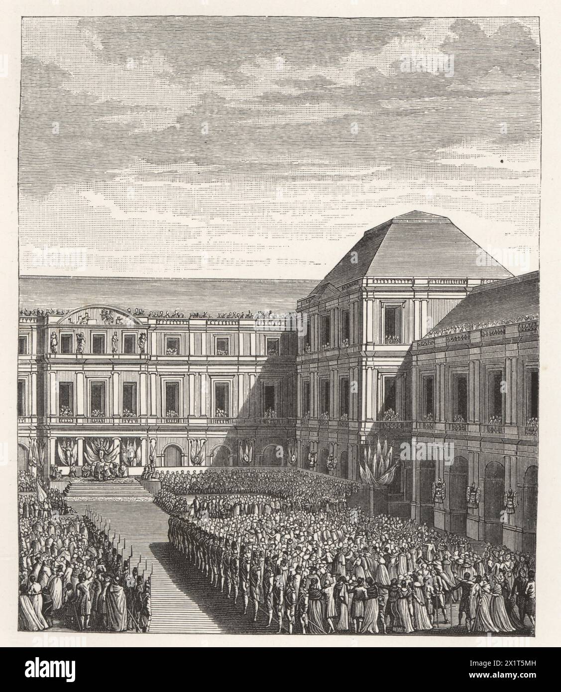 Celebration of Napoleon Bonaparte at the Palace of the Directory after signing the Treaty of Campo Formio with the Austrians, 1797. Fete donnee a Bonaparte, au palais national du Directoire, apres le traite de Campo-Formio. Engraving by Pierre-Gabriel Berthault after an illustration by Abraham Girardet from Paul Lacroix's Directoire, Consulat et Empire, (Directory, Consulate and Empire), Paris, 1884. Stock Photo
