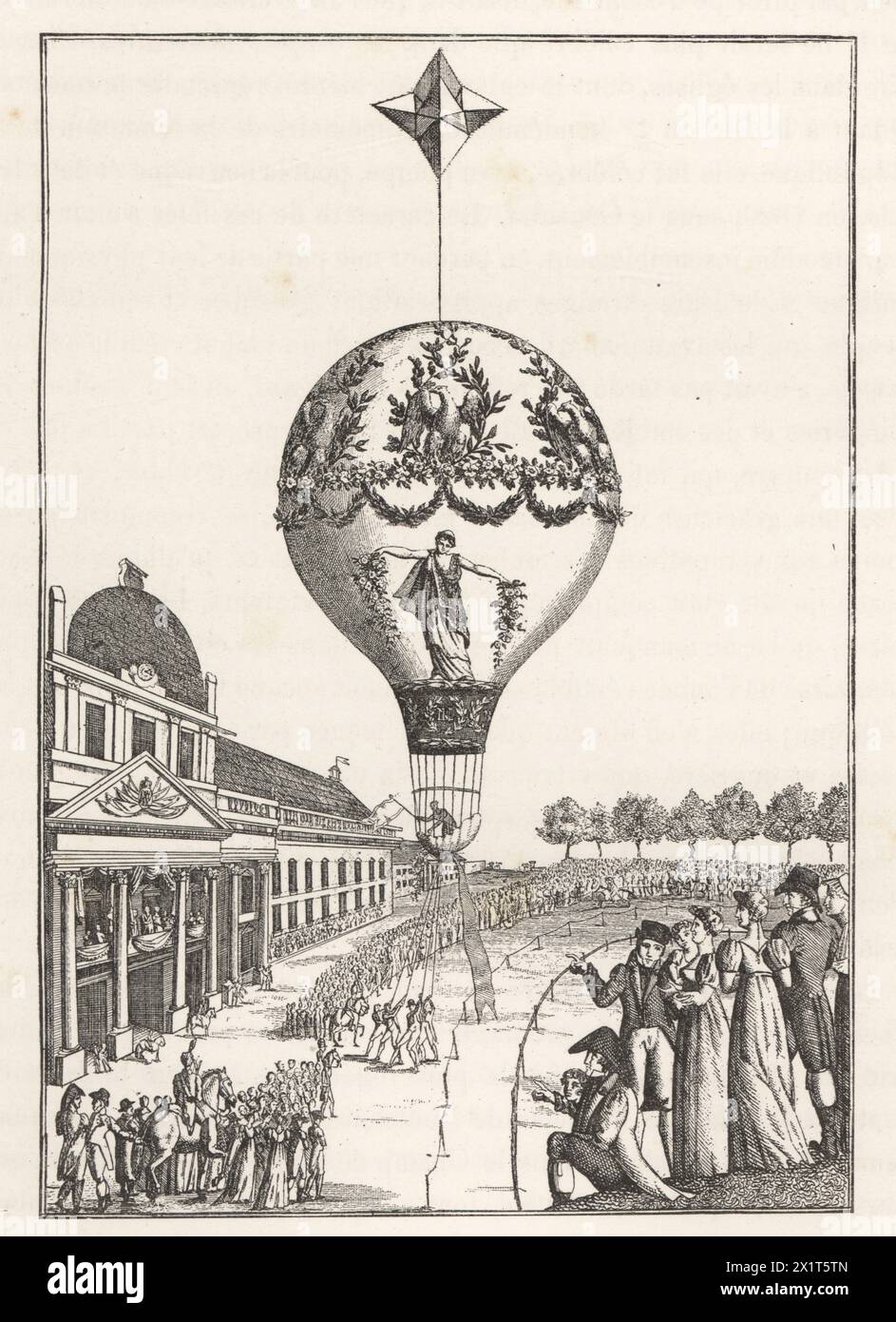 Balloon flight by aeronaut Madame Sophie Blanchard on the Champ de Mars, 24 June 1810. During the festival given by the Garde Imperiale to celebrate the marriage of Napoleon to Marie-Louise of Austria. Illustration from Paul Lacroix's Directoire, Consulat et Empire, (Directory, Consulate and Empire), Paris, 1884. Stock Photo