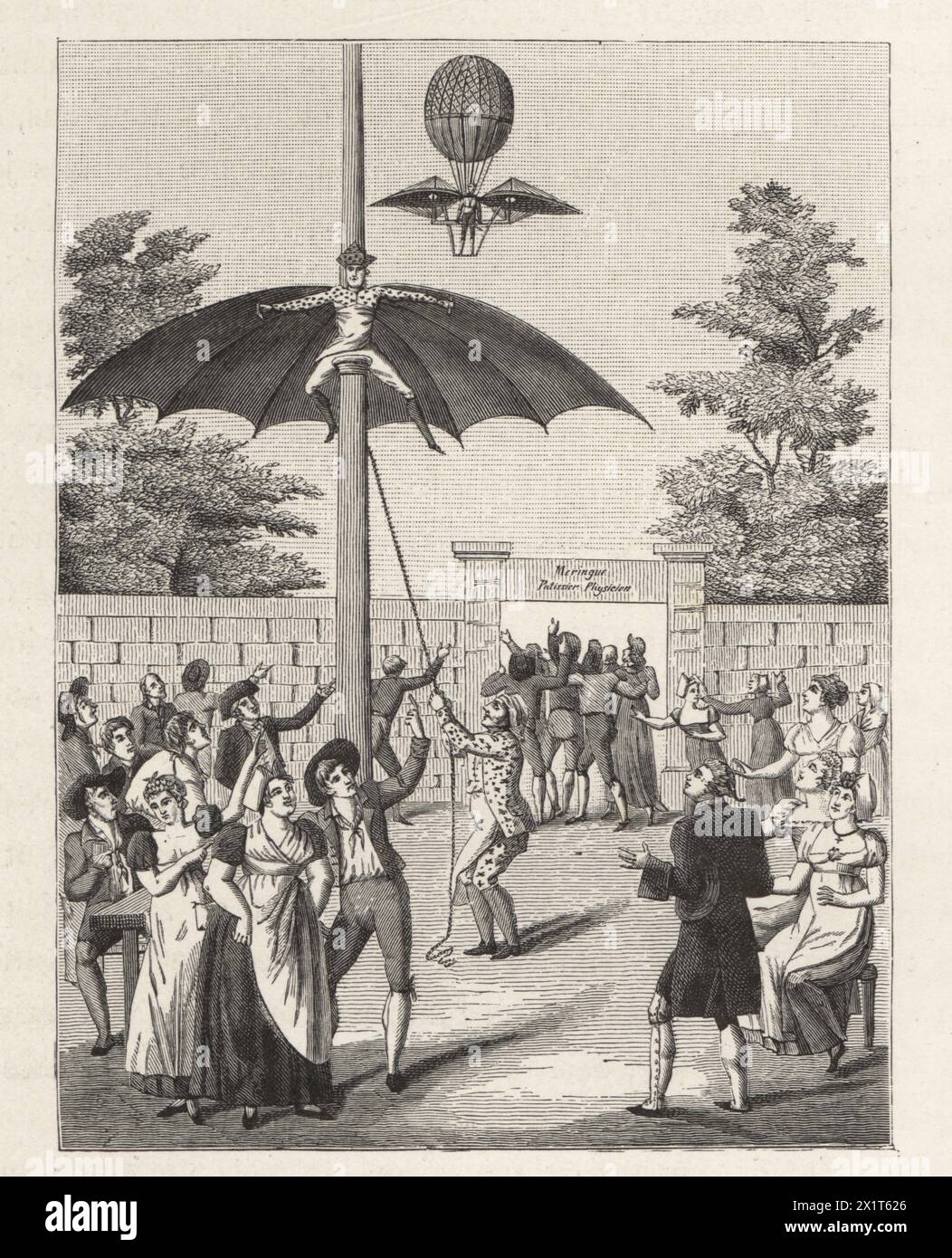Comic actor Brunet (Jean-Joseph Mira) playing the aeronaut Deghen in Vol-au-vent, le Patissier d'Asnieres at the Théâtre des Variétés. Jacques Deghen and his winged balloon flying in the background. After an anonymous engraving. Illustration from Paul Lacroix's Directoire, Consulat et Empire, (Directory, Consulate and Empire), Paris, 1884. Stock Photo