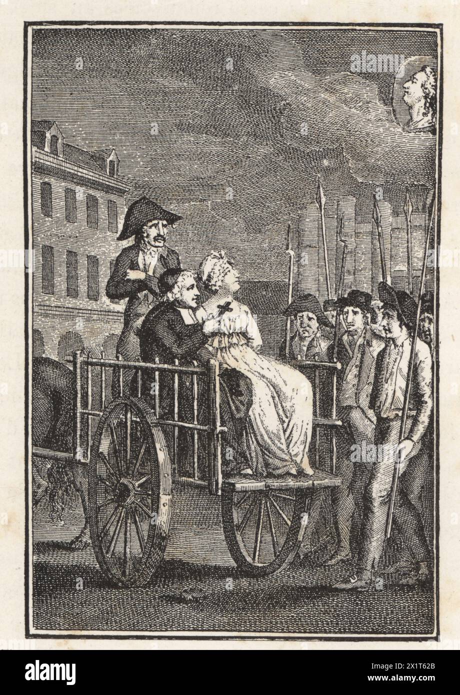 Marie-Antoinette, queen of King Louis XVI, being taken to the guillotine on a tumbril, 21 January 1793. From a frontispice to the novel by Jean-Joseph Regnault-Warin, La Cimetiere de la Madeleine, 1800. Frontispiece representant Marie-Antoinette conduite au supplice. Illustration from Paul Lacroix's Directoire, Consulat et Empire, (Directory, Consulate and Empire), Paris, 1884. Stock Photo