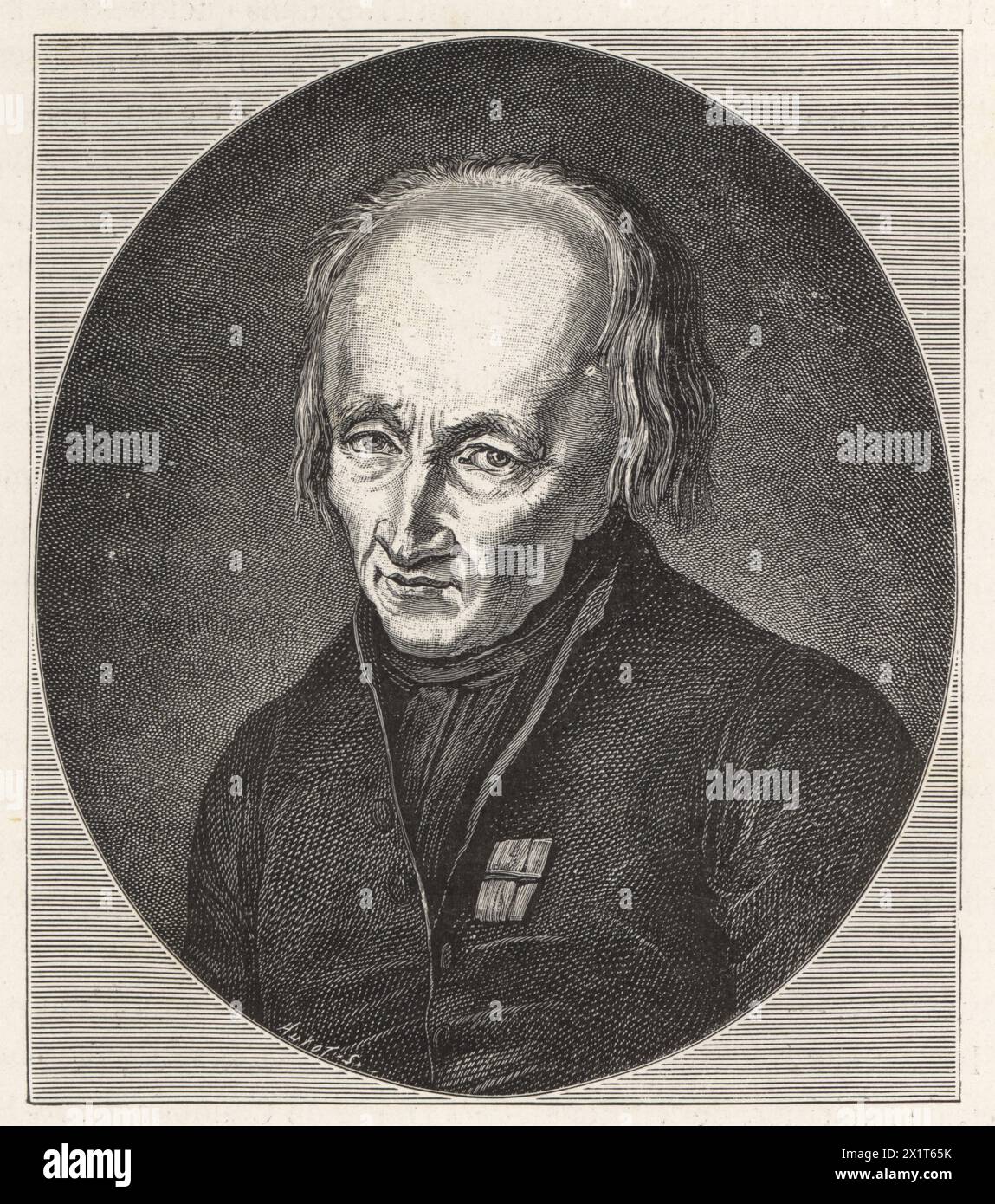 René Just Haüy, known as Abbé Haüy, French priest and mineralogist, professor at the Museum of Natural History, 1743-1822. Woodcut by Huyot after a portrait by Philibert-Louis Debucourt from Paul Lacroix's Directoire, Consulat et Empire, (Directory, Consulate and Empire), Paris, 1884. Stock Photo