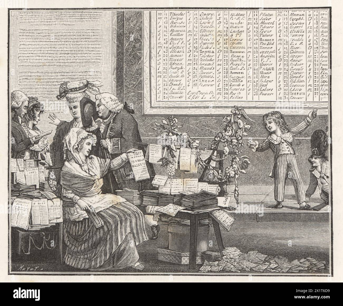 French woman newsagent at a stall selling pamphlets, magazines and broadsides, Paris, 1791. Fragment of an almanach for the year 1791. La marchande de journaux, fragment d'un almanach pour l'annee 1791. Woodcut by Huyot after an illustration by Philibert-Louis Debucourt from Paul Lacroix's Directoire, Consulat et Empire, (Directory, Consulate and Empire), Paris, 1884. Stock Photo