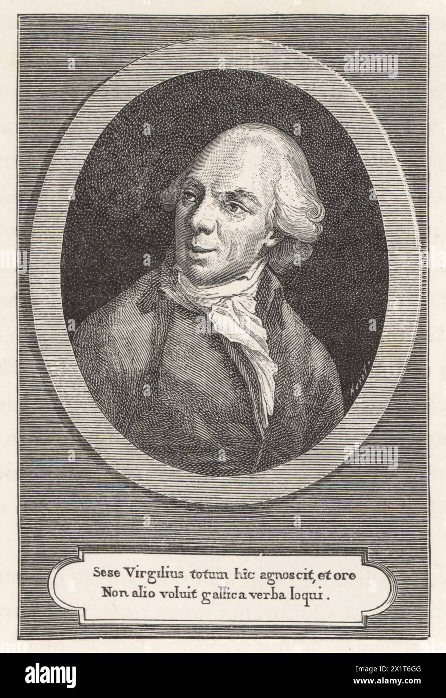 Jacques Delille, French poet, translator of Virgil's Georgics, and author of L'Homme des champs, 1738-1813. With Latin verse. Woodcut by Huyot after an engraving by Gabriel de Saint-Aubin after a portrait by J.-L. Monnier from Paul Lacroix's Directoire, Consulat et Empire, (Directory, Consulate and Empire), Paris, 1884. Stock Photo