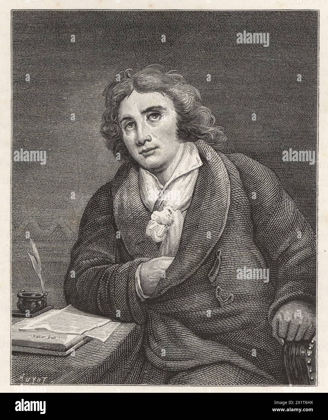Marie-Joseph Blaise de Chénier, French poet, dramatist and politician, 1764-1811. With quill pen, ink well and manuscript. Woodcut by Huyot after a portrait by Horace Vernet from Paul Lacroix's Directoire, Consulat et Empire, (Directory, Consulate and Empire), Paris, 1884. Stock Photo
