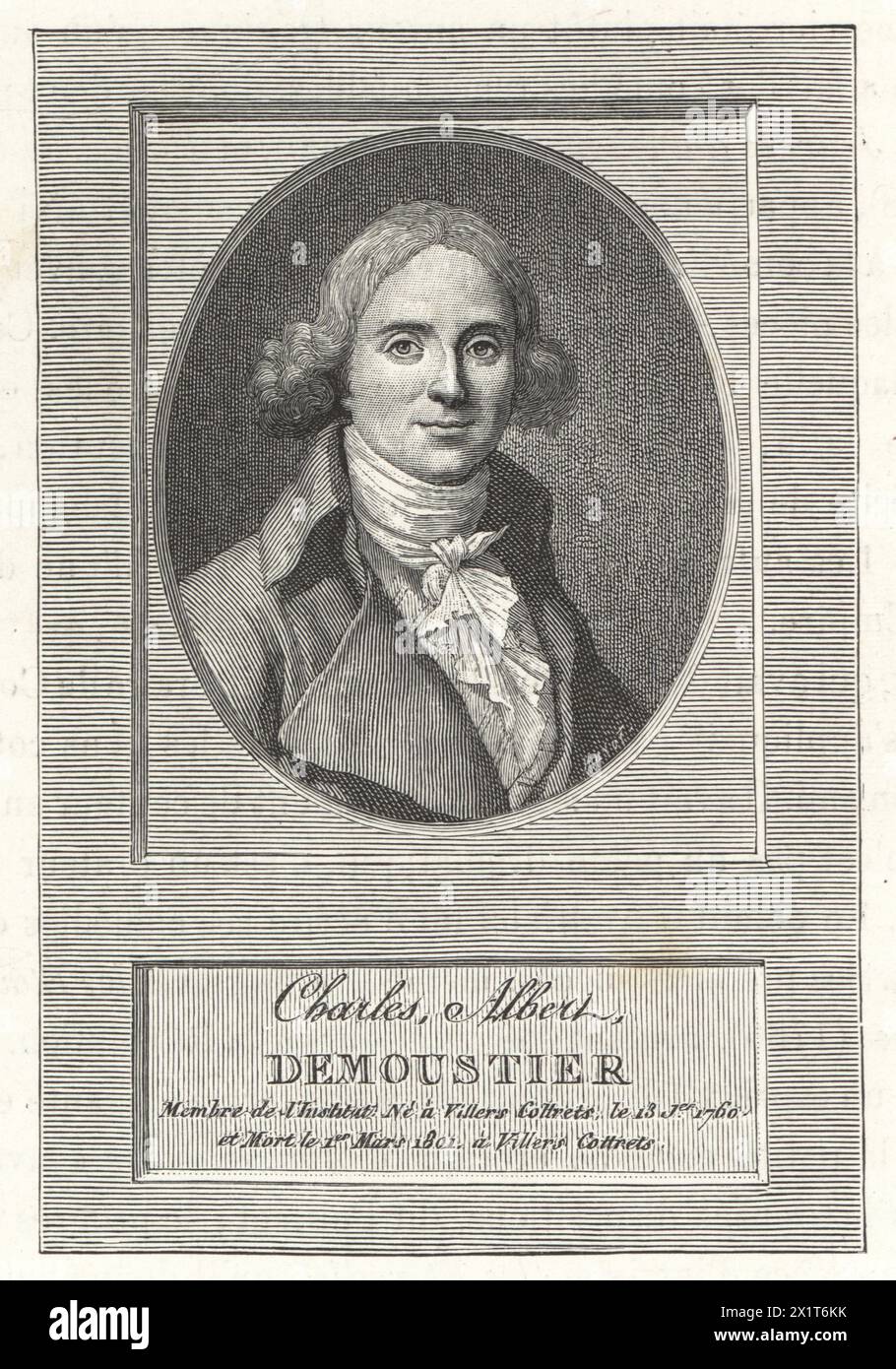 Charles-Albert Demoustier, French writer and playwright, member of the French Institute, 1760-1801. Engraved by Alex Tardieu after a portrait by Pajou fils (Augustin-Désiré Pajou) from Paul Lacroix's Directoire, Consulat et Empire, (Directory, Consulate and Empire), Paris, 1884. Stock Photo