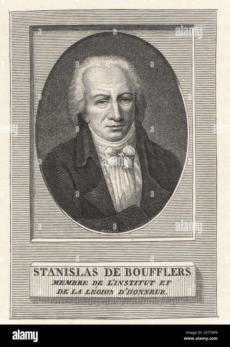 Stanislas Jean, chevalier de Boufflers, French statesman and writer, 1738-1815. Member of the Institut de France and Legion d'Honneur. Stanislas de Boufflers, membre de l'Institut et de la Legion d'Honneur. Portrait engraved by Madame Benoist  from Paul Lacroix's Directoire, Consulat et Empire, (Directory, Consulate and Empire), Paris, 1884. Stock Photo