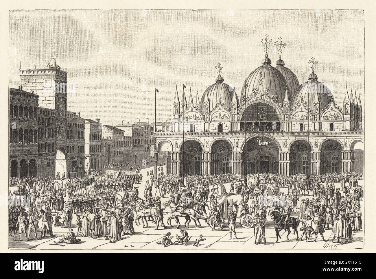 Napoleon's trooping looting the bronze horses from Saint Mark's Square, Venice, after the Italian Campaign, 1797. Enlevement des chevaux de Saint-Marc. Woodcut by Huyot after an illustration by Jean Duplessis-Bertaux from Paul Lacroix's Directoire, Consulat et Empire, (Directory, Consulate and Empire), Paris, 1884. Stock Photo