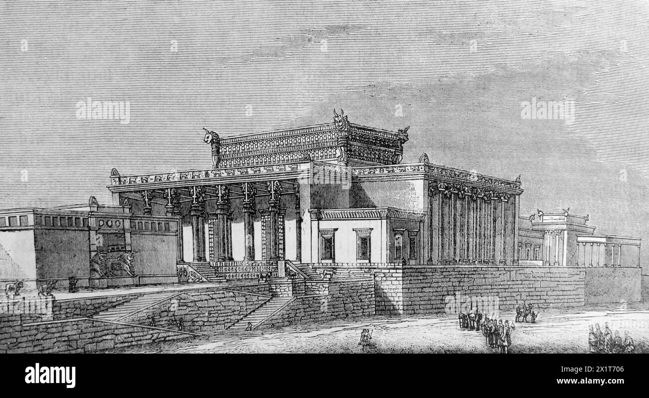 Wood Engraving of the Ancient Assyrian Palaces of Nineveh - King of Assyria  Sennacherib returned to Nineveh where he was worshipping the God Nisroch Stock Photo