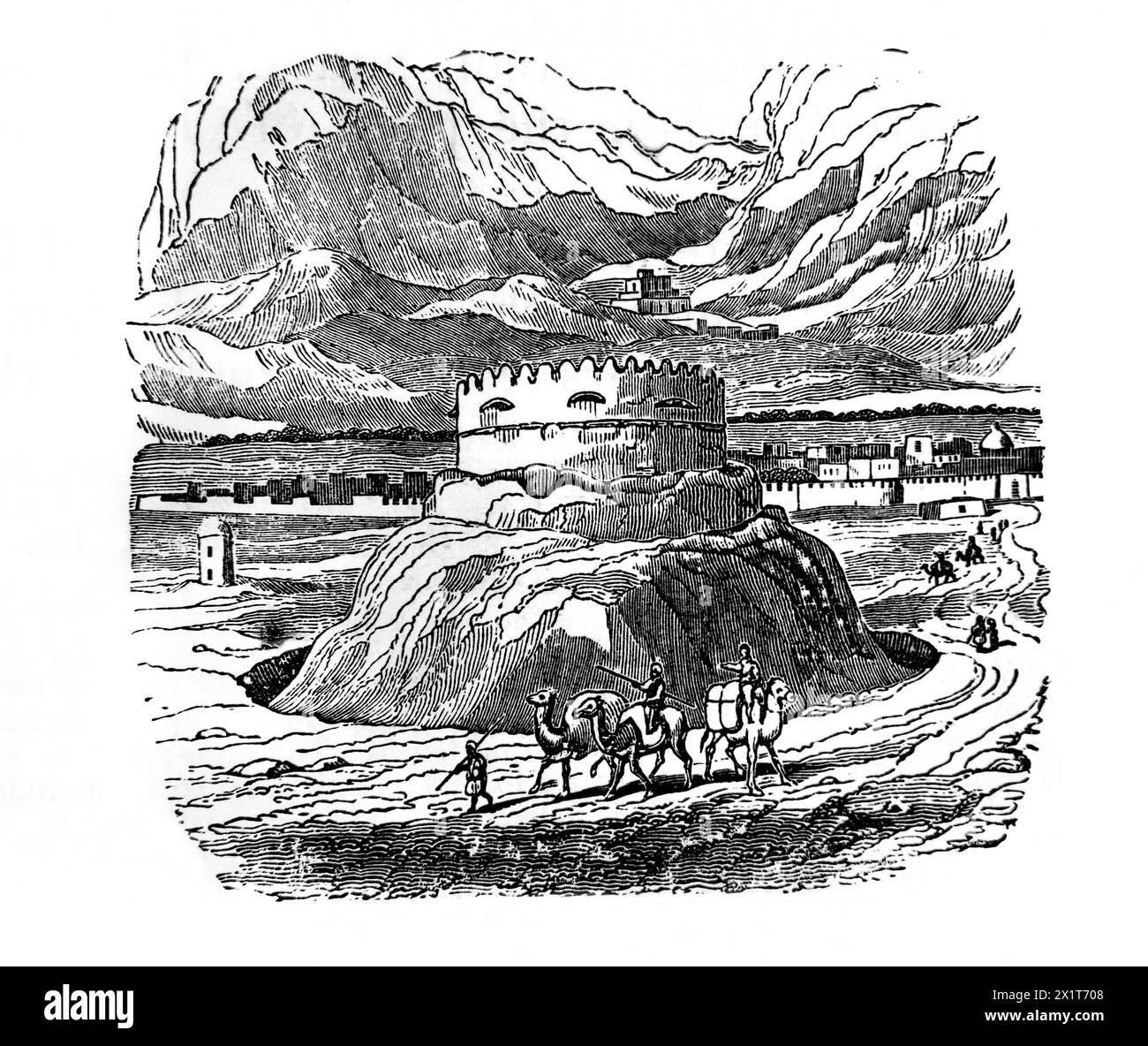 Wood Engraving of an Ancient Castle near Tehran Iran from 19th Century Illustrated Family Bible Stock Photo