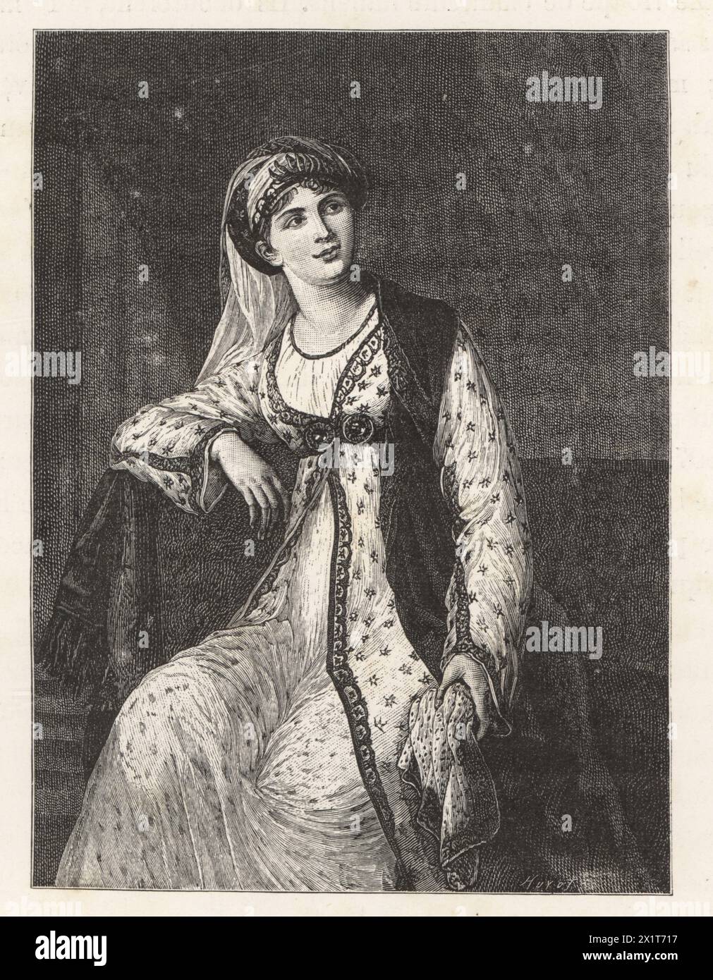 Josephine Grassini or Giuseppina Grassini, Italian dramatic contralto opera singer, 1773-1850. Famous for her affairs with Napoleon and Duke of Wellington. In costume for the role of Zaira in Peter Winter's opera. Woodcut by Huyot after a portrait by Élisabeth Louise Vigée Le Brun from Paul Lacroix's Directoire, Consulat et Empire, (Directory, Consulate and Empire), Paris, 1884. Stock Photo