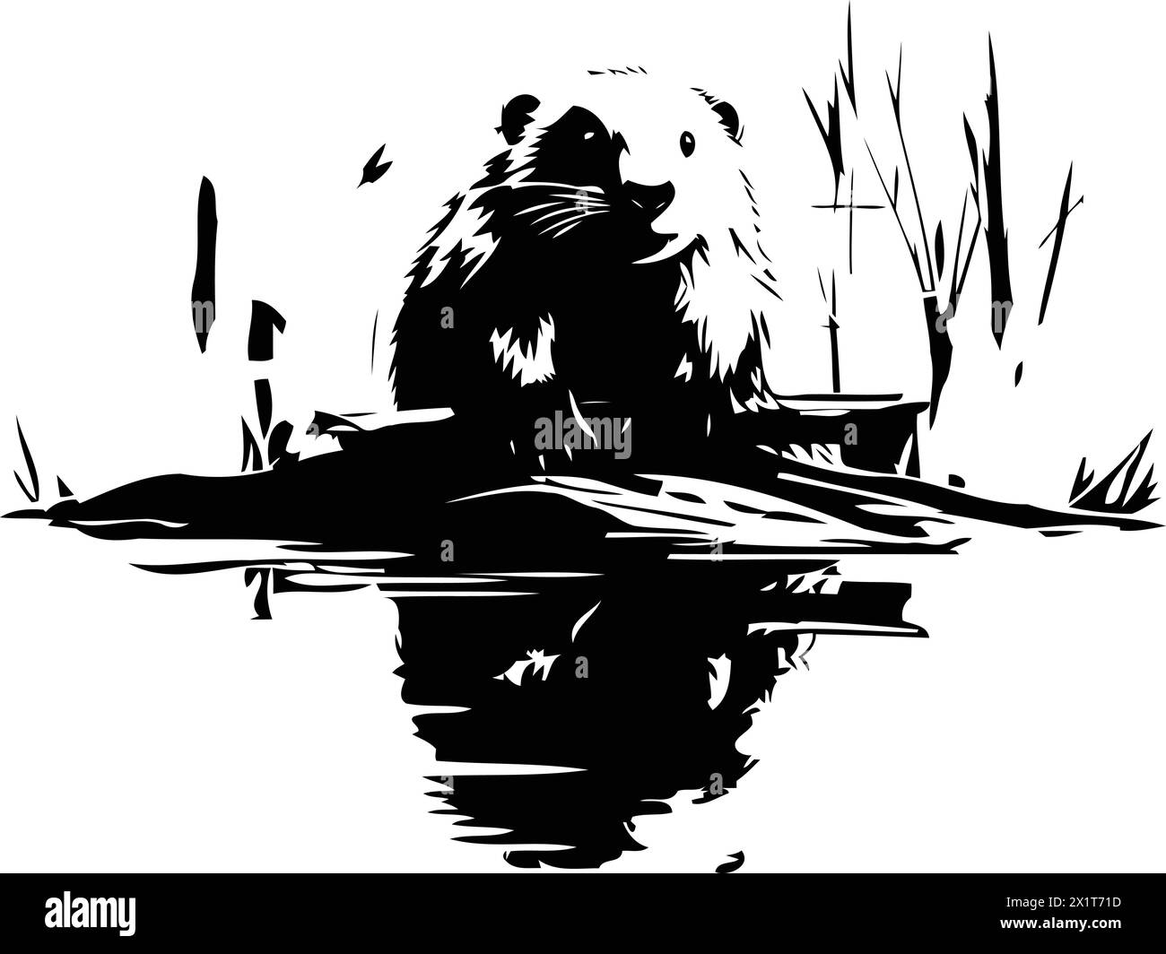 Cute otter on a log in the swamp. Vector illustration Stock Vector