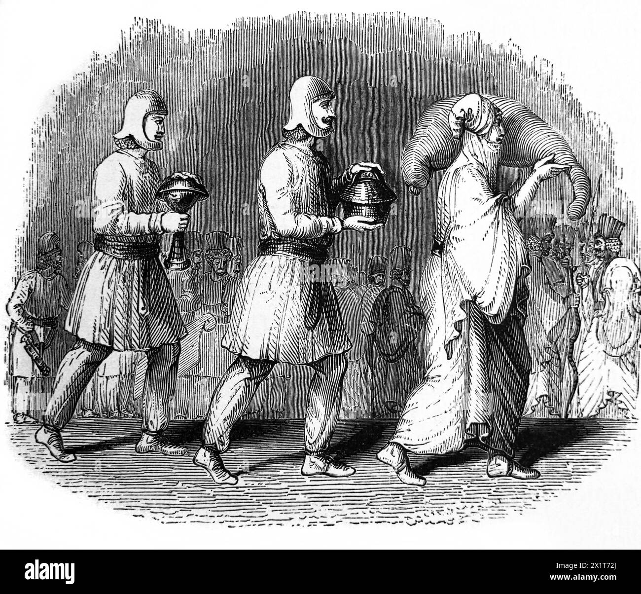 Wood Engraving of Persian Cupbearers - Nehemiah was a Cupbearer to the King from 19th Century Illustrated Family Bible Stock Photo